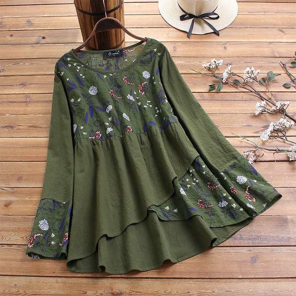 

women's blouses & shirts plus size printed irregular blouse vintage spring long sleeve female o neck blusas patchwork tunic s-5xl top, White