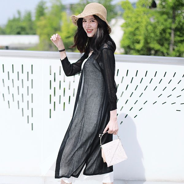 

long female cardigan summer thin linen knitted kimono cardigan sweater women 3/4 sleeve sun protection shirt beach clothing 2019, White;black
