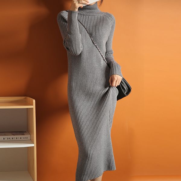 

2019 new women winter basic long sweater dress turtleneck long sleeve elegant solid color brief slim knitted dresses pullovers, Black;gray