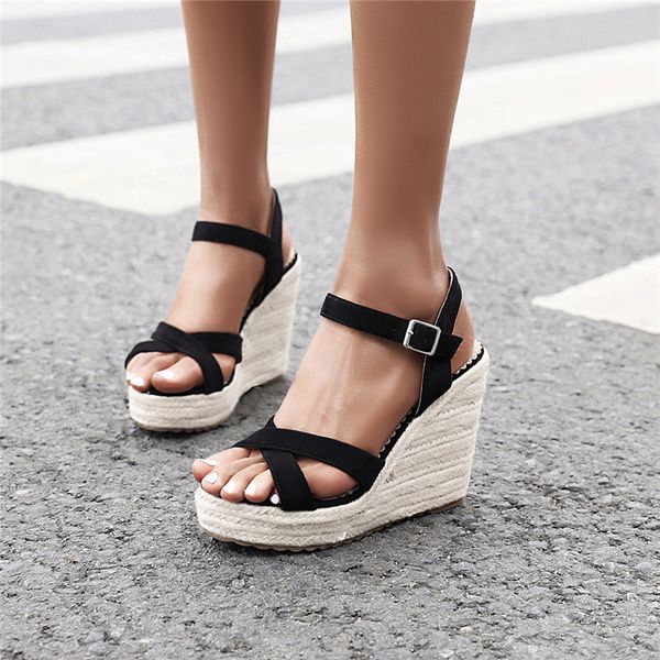 

ymechic ladies daily weave high heel platform shoes summer flock black camel cross strap wedge sandal women large size