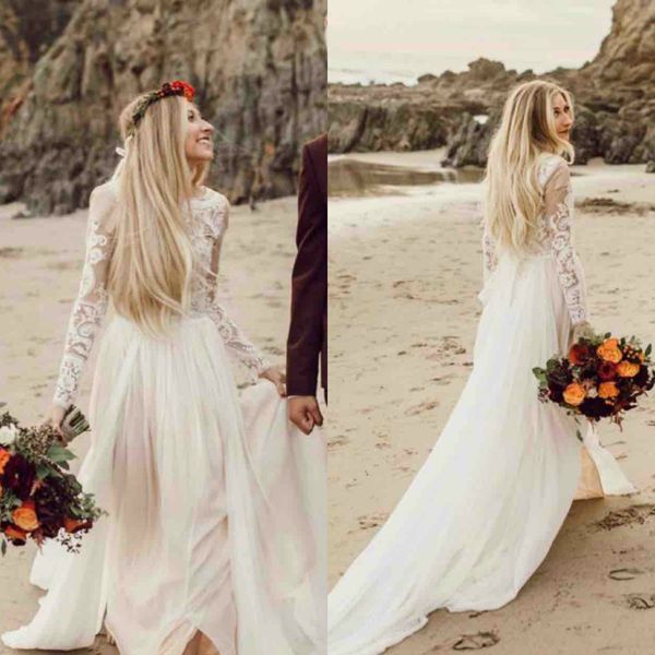 

2019 country bohemian wedding dresses long sleeve chiffon boho lace appliqued bridal gowns custom made wedding dress robe de mariÃ©e, White