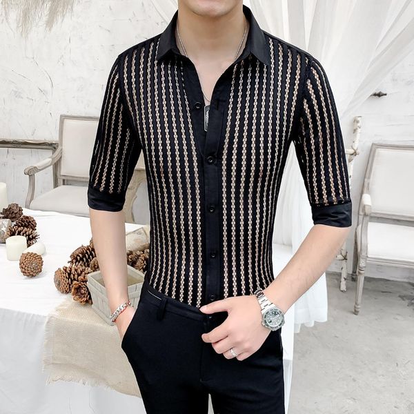 

prom shirt party chemise homme social shirt men transparent for men see through slim fit camisa striped, White;black