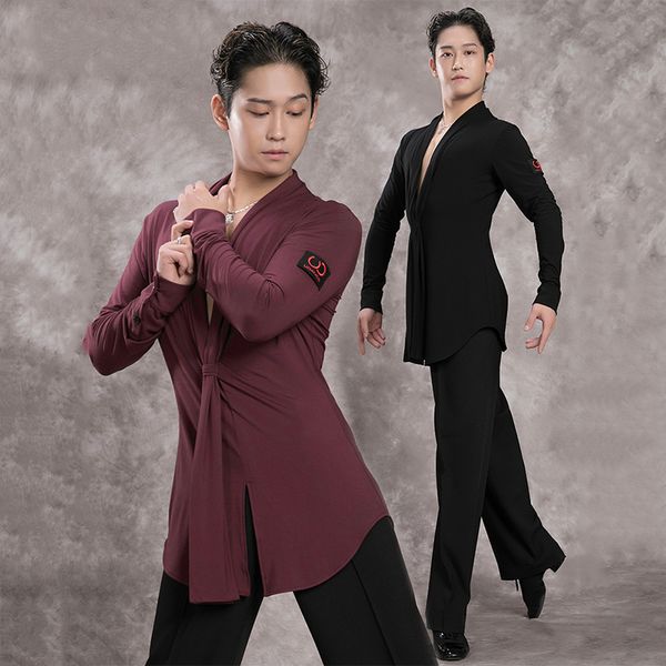 

latin long sleeve v-neck latin dance shirts men rumba cha cha samba dancing competition performance wear male, Black;red