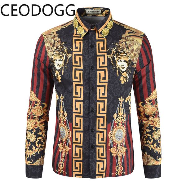 

fashion print streetwear mens turn down collar long sleeve casual shirt male spring 2020 new wild 4 colors, White;black