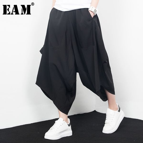 

eam] 2020 new spring high waist solid color black irregular pocket loose wide leg pants women trousers fashion j67201, Black;white