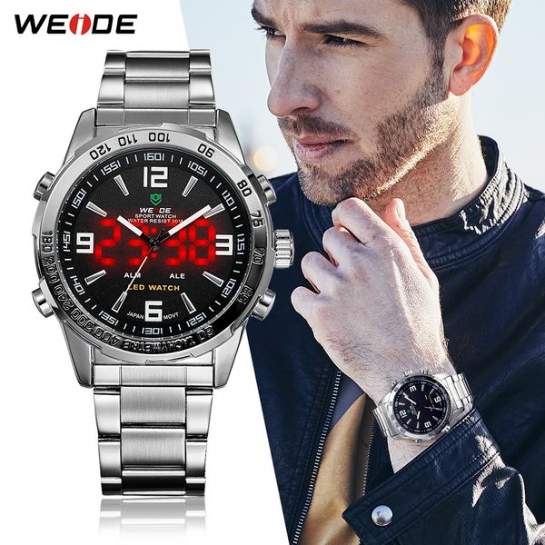 

weide sport led men watches 30m waterproof stainless steel black quartz movement gift for men relogio masculino, Slivery;brown