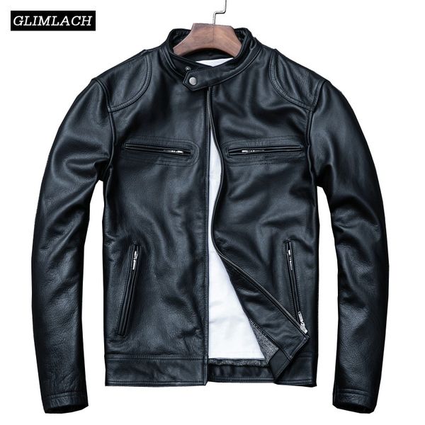 

autumn winter slim cow leather jackets mens motorcycle biker cowskin genuine leather jacket short coats streetwear, Black
