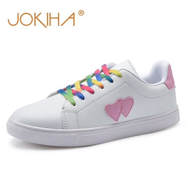

jokiha fashion flats shoes woman pu leather women rainbow lace casual shoes white cute lovers heart girls footwear, Black