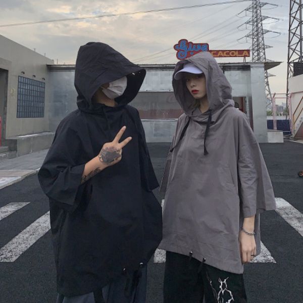 

2019 spring new personality super fire thin hooded tooling short-sleeved sunscreen couple wild student loose casual pulloverm-xl, Black