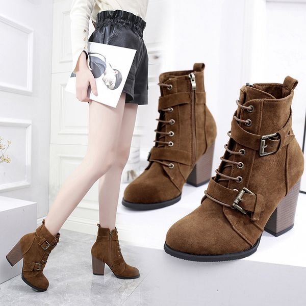 

bootee woman 2019 women's rubber boots luxury designer leather booties female shoes chunky heel zipper round toe rain fashion, Black