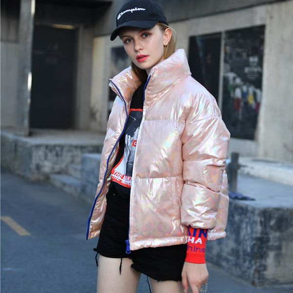

90% white duck down jacket women winter down jacket 2020 shining fabric stand collar female parka short loose coat outwear, Black