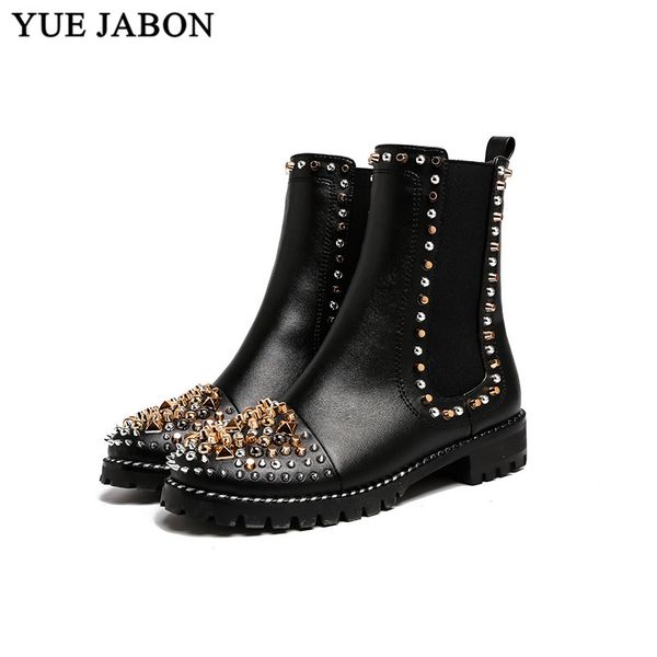 

yue jabon boots women round toe rivet flower boots black studded genuine leather ankle women botines luxury botas mujer