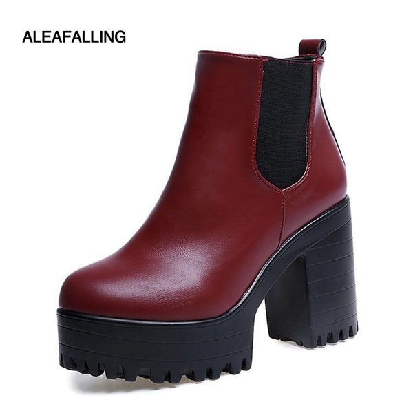 

fashion women boots casual leather square high 10cm heel shoes woman pointed toe rubber ankle boots black red zapatos mujer