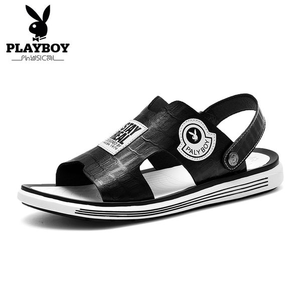 

playboy new new fashion summer leisure beach men shoes leather sandals the big yards men's sandals, Black