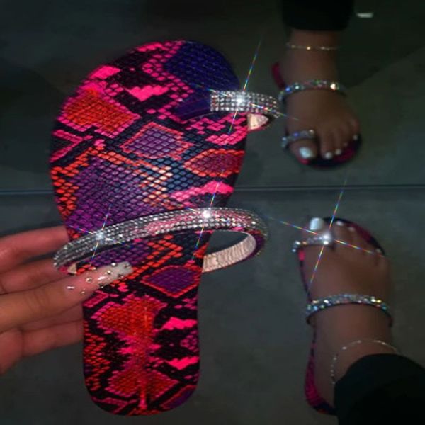

beautiful rhinestone flip-flops snakeskin woman slippers summer 5 color beach sandals bling slides flat casual outdoor soft shoe, Black