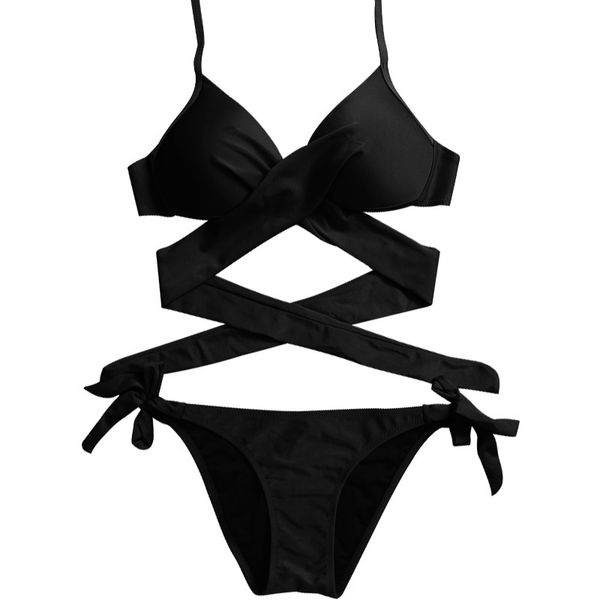 

arrivalsummer women new style personality lace up solid color concise cross-tie bikinis set beach vacation polyester