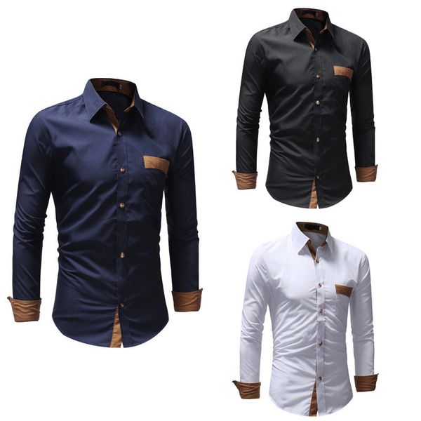 

2019 new style fashion men long sleeve shirts business casual formal cotton slim fit patchwork shirt top, White;black