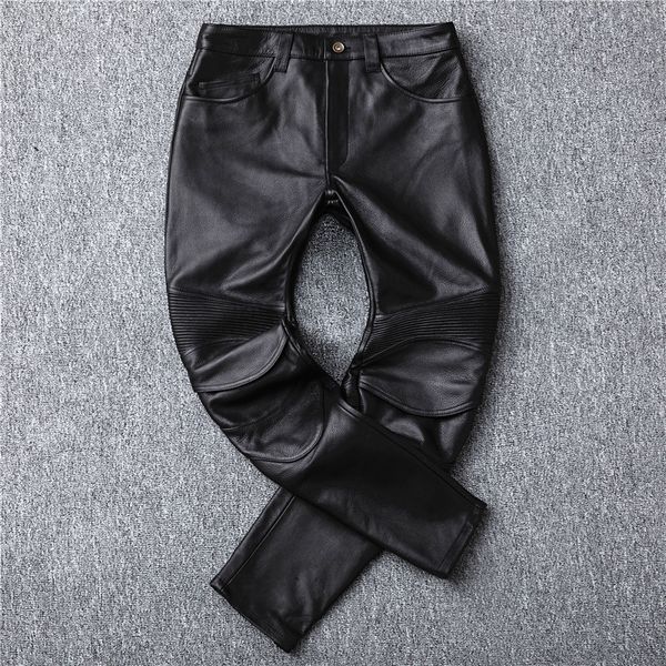 

men's motorcycle genuine leather stylish riding jeans biker slim casual pants