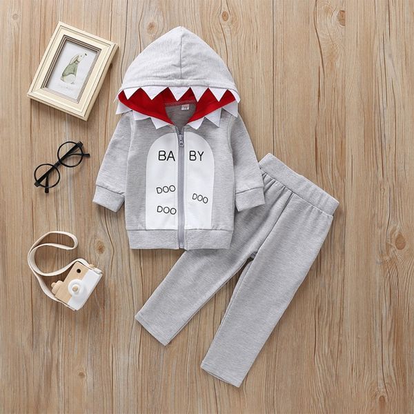 

children's sets boy's hooded sweater trousers suit letter print zipper, White