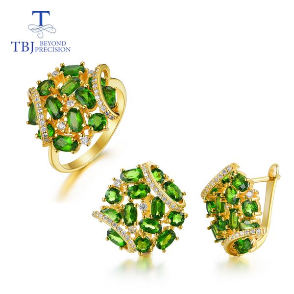

tbj,natural diopside classic style rings and earrings set 925 sterling sliver yellow color fine jewelry for girl engagement wear, Black