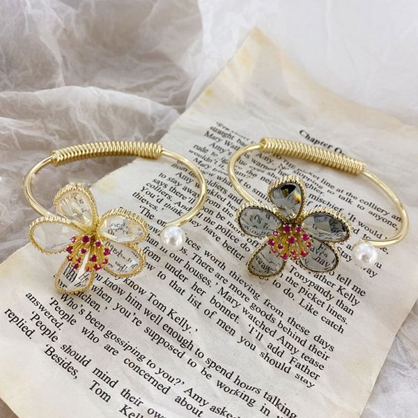 

huanzhi 2020 new vintage trendy colorful zircon metal flowers pearl bracelet for women girl wedding party summer jewelry, Black