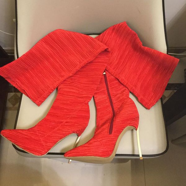 

red stretch over the knee long boots metal thin heel pointed toe dancing boots, Black