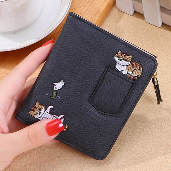 

selling women embroidery cat wallet zipper coin purse short designed mini cards holder bag -b5, Red;black