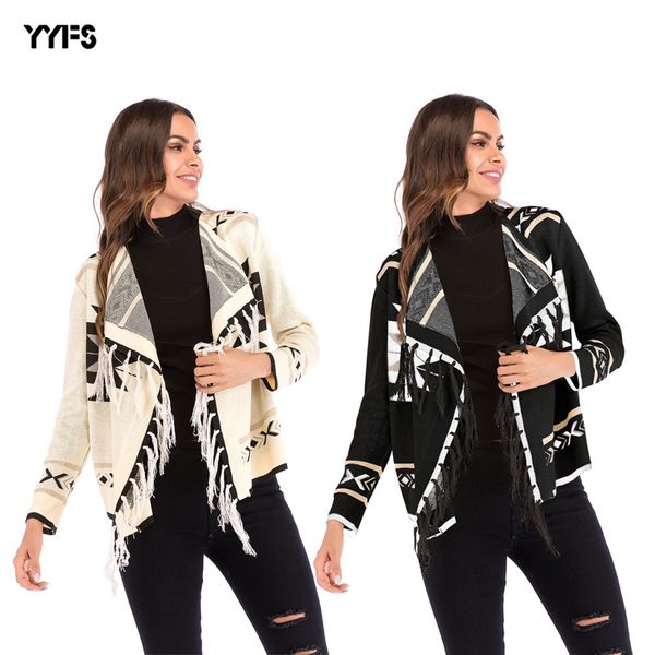 

women's spring and summer geometric pattern fringed shawl jacket colorblock long sleeve knit cardigan, Black;brown