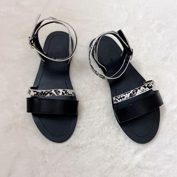 

peep-toe casual walking flat sandalias female women's ladies fashion casual snake print open toe platforms sandals beach shoes, Black