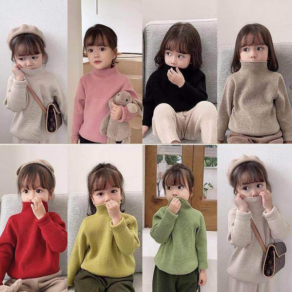 

2019 baby girl high lead western style pullover loose knitting unlined upper garment children a cotton solid color turtleneck, Blue