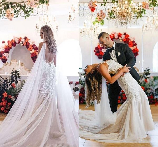 

elegant lace appliqued mermaid wedding dress beaded spaghetti open back beach bohemian court train bridal gown custom made, White