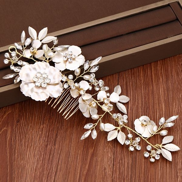 

flower bridal hair comb rhinestone wedding hair accessories tiara gold bridal ornaments wedding hair comb headpiece head jewelry, Golden;white