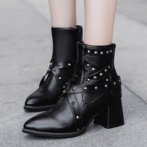 

buckle strap riding, equestrian motorcycle boots women shoes pointed toe pu zip square heel rubber boots solid winter #815, Black