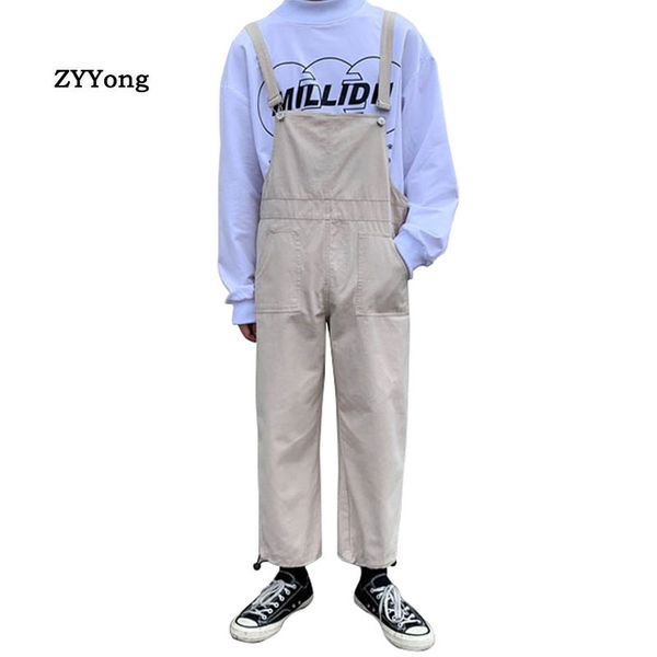 

2020 mens hip hop bib overall suspender pants japan style mern cotton one piece jumpsuit male cargo overalls trousers, Black