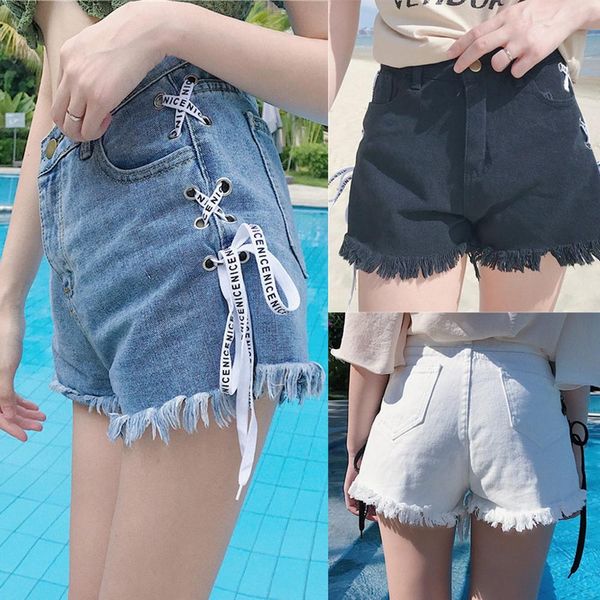 

fashion women summer bandage denim shorts pants tassel wide-leg trousers jeans #4m23 high waist jeans black streetwear hot, Blue