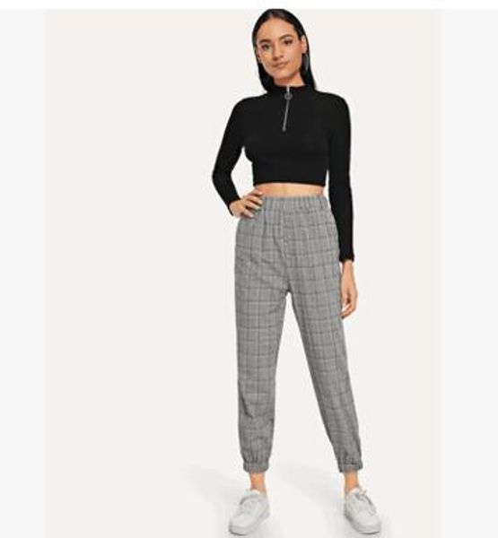 

2019 new european and american women in slim plaid slacks, Black;white