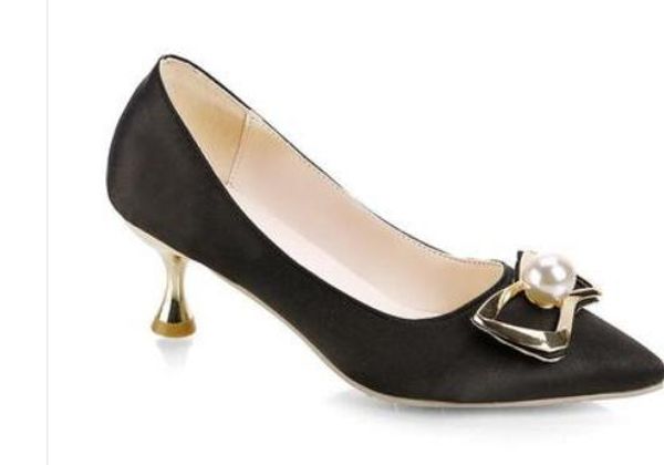 

2019 women's shoes in spring and autumn with new style high heel fine heel pointed end silk and satin @2206, Black