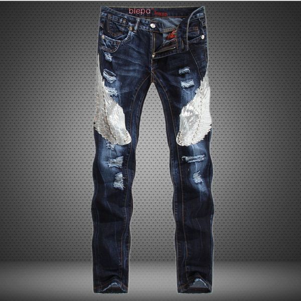 

2019 new fashion ripped jeans men patchwork embroidery beggar pants man cowboys demin pants dark blue