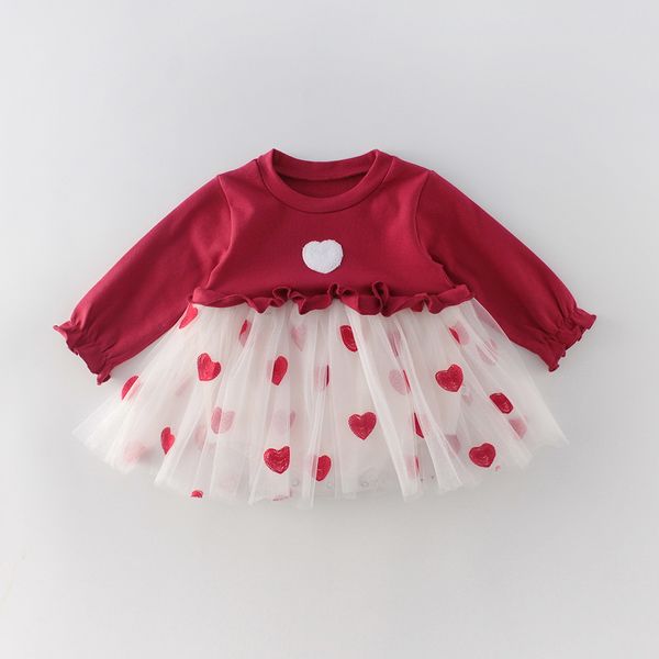 

love heart baby girl dress 2020 день святого валентина с длинным рукавом красный белый bodysuit принцесса платья детская одежда 0-2y e91012, Red;yellow