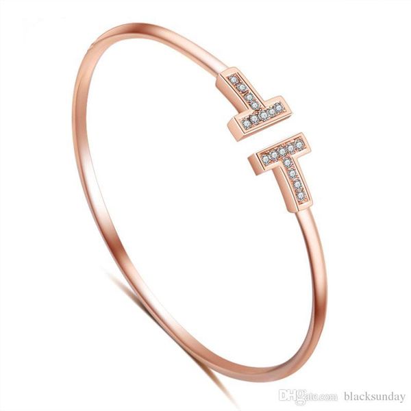 

fashion double t with diamond bracelet for ladies character simple hand ring adjsutble luxury jewelry bangle, White