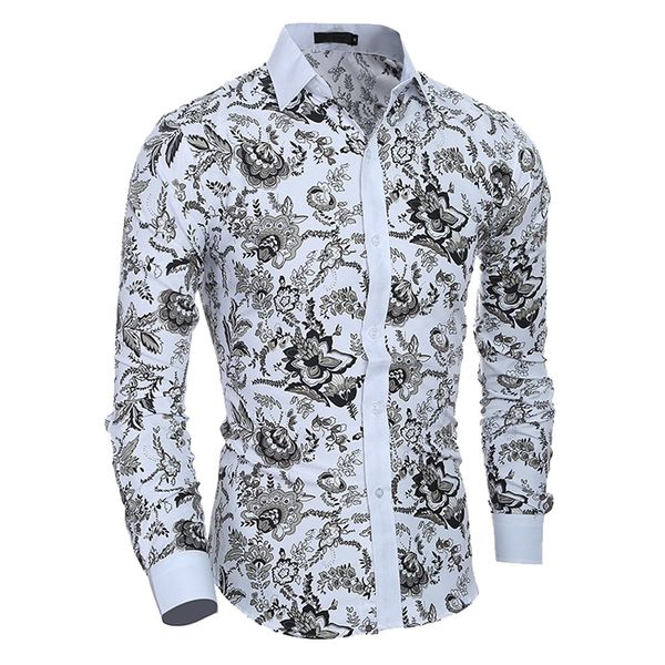 

2019 men spring summer casual flower print long sleeve slim hawaiian shirt blouse camisa masculina camicia uomo, White;black