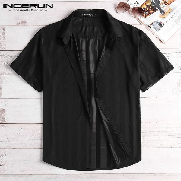 

incerun 2019 fashion men striped shirt transparent button up short sleeve see through nightclub party men shirts s-5xl, White;black