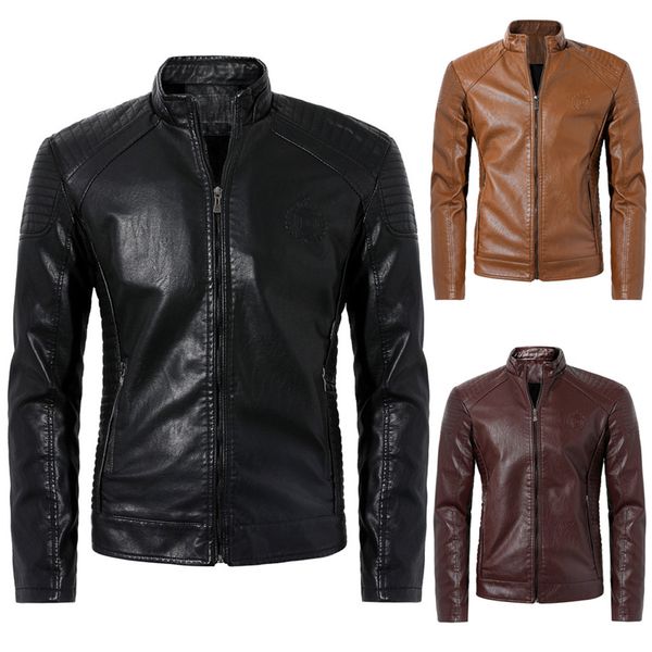 

men jacket men vintage cool jacket leather long sleeve autumn winter stand collar club coat chaqueta hombre #828, Black;brown