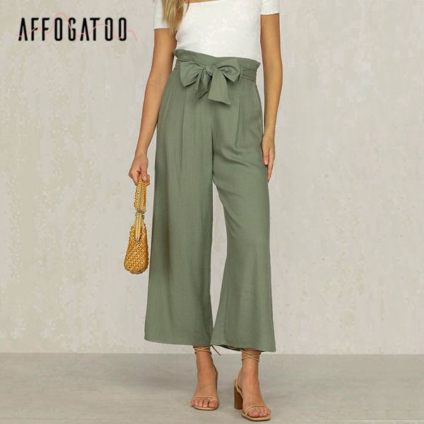

affogatoo elegant bow tie wide leg summer pants women casual loose streetwear female long pants trousers high waist ladies, Black;white