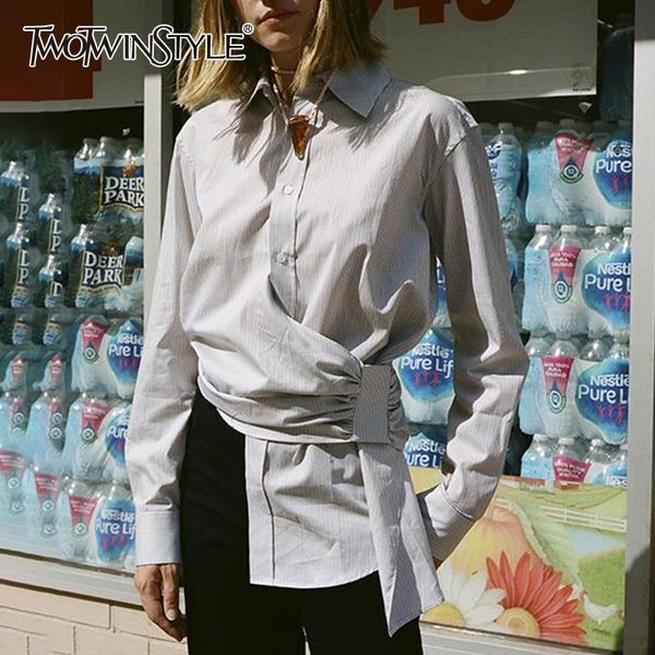 

twotwinstyle casual striped women blouse lapel long sleeve backless silm asymmetrical shirt female spring 2019 fashion new, White