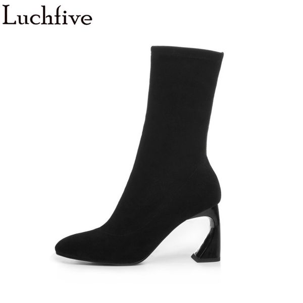 

fashion strange heels women boots stretch fabric round toe shoes woman elastic black ankle boots for women