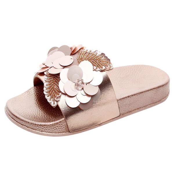 

jaycosin 2019 womens flat slides sandals diamante sparkly sliders sequin flower slippers shoes beauty beach shoes women summer, Black