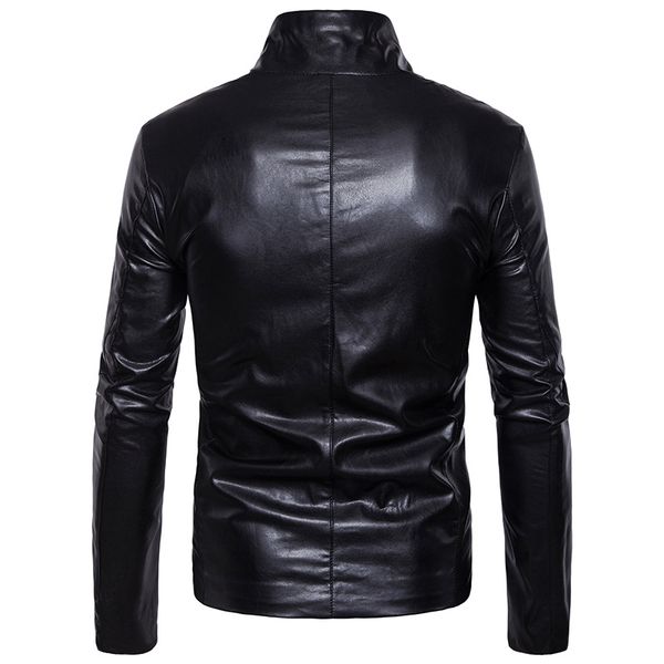 

new style men locomotive oblique zipper men's leather clothing stand collar leather coat jacket men's, Black