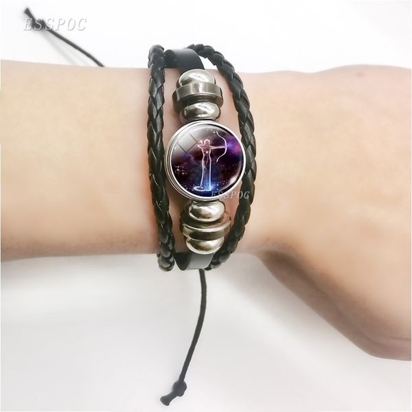 

12 zodiac signs glass dome leather bracelet fashion jewelry for couple aries taurus leo cancer aquarius pisces bangle bracelet, Golden;silver