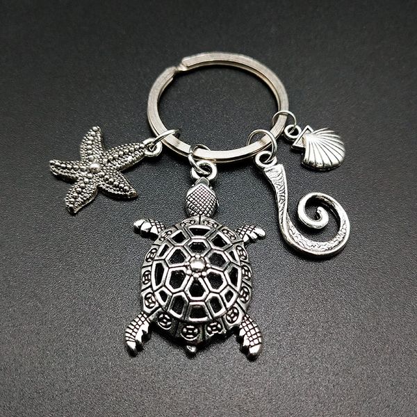 Antik Anahtar Anahtarlık Tutucu Deniz Hayvan Anahtarlıklar Denizyıldızı Kaplumbağa Kabuğu Gümüş Charms Araba Anahtarlık Yüzükler Takı Moda Promosyon Favor Hediye